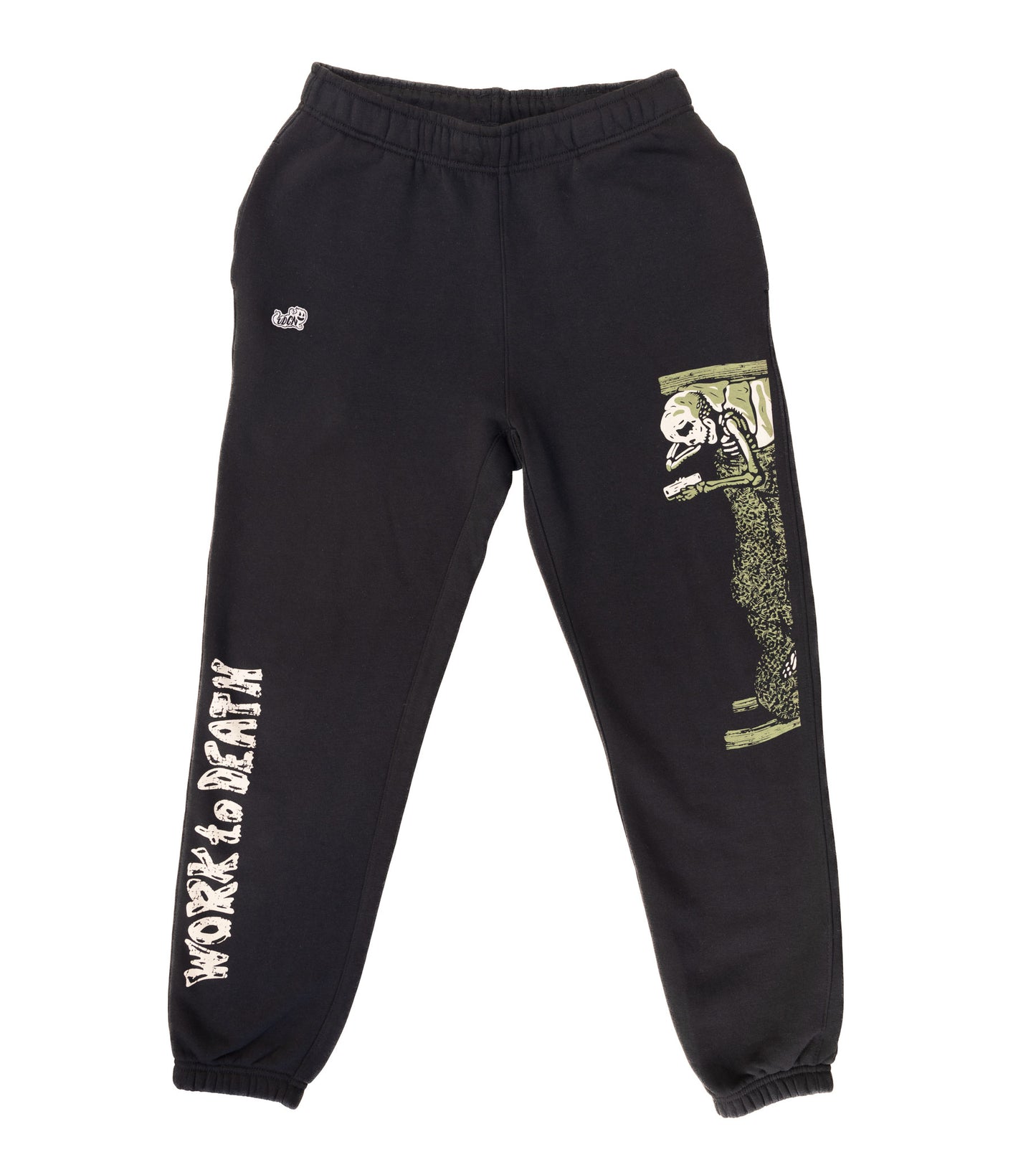 Black sweatpants with text and graphic print on the left leg and a small logo on the upper left knee.