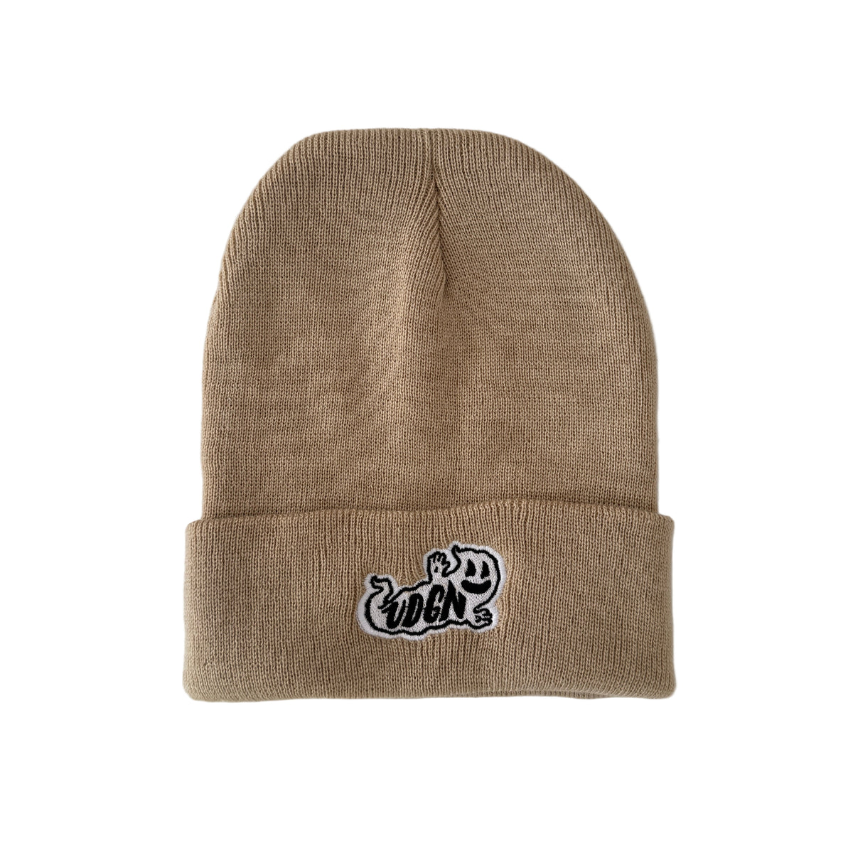 Brown beanie with a ghost logo on a white background
