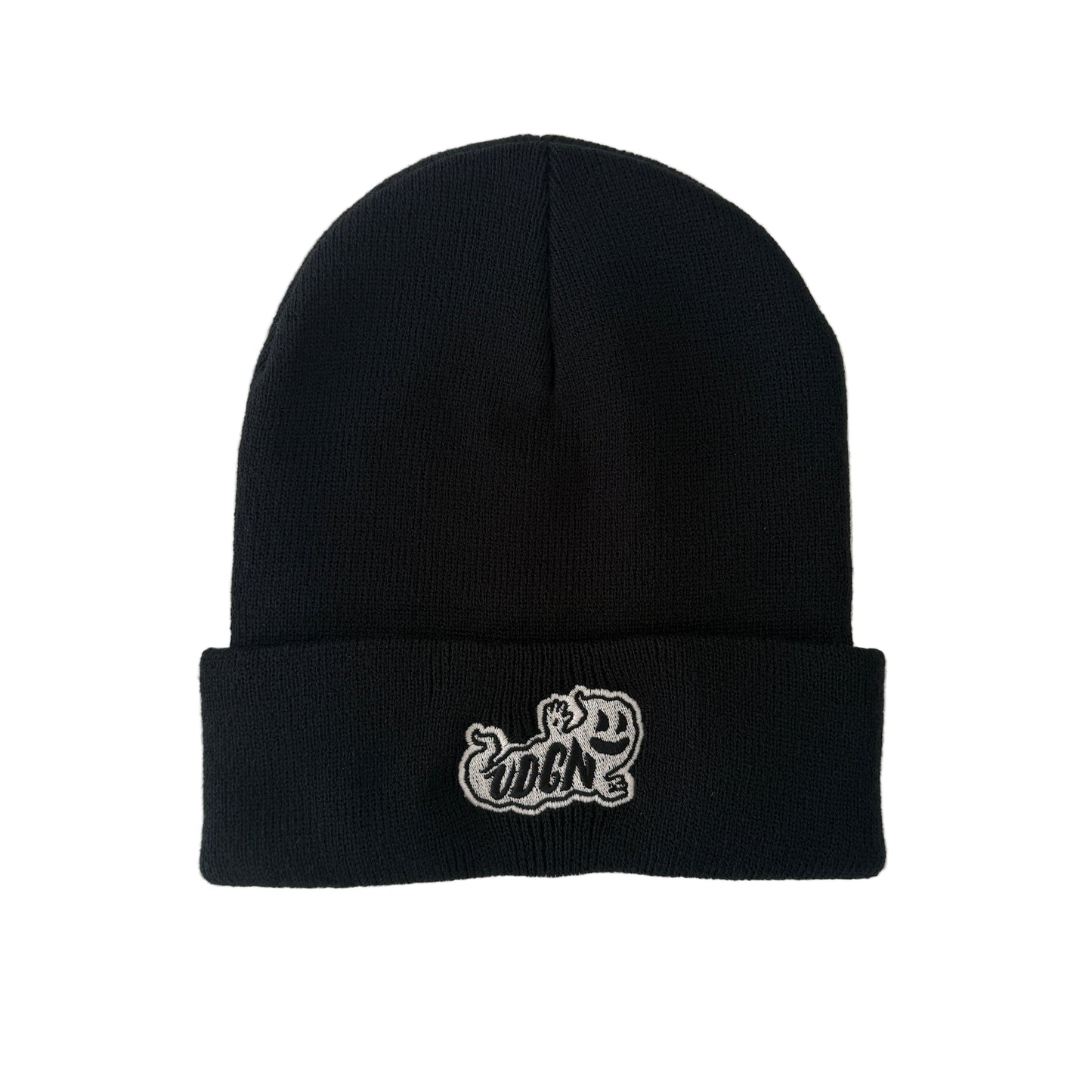Black beanie with a logo on a light gray background