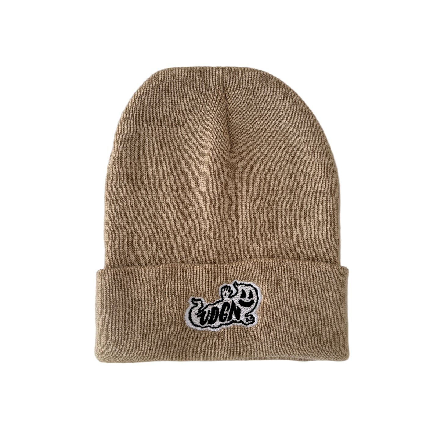 Brown beanie with a ghost logo on a white background