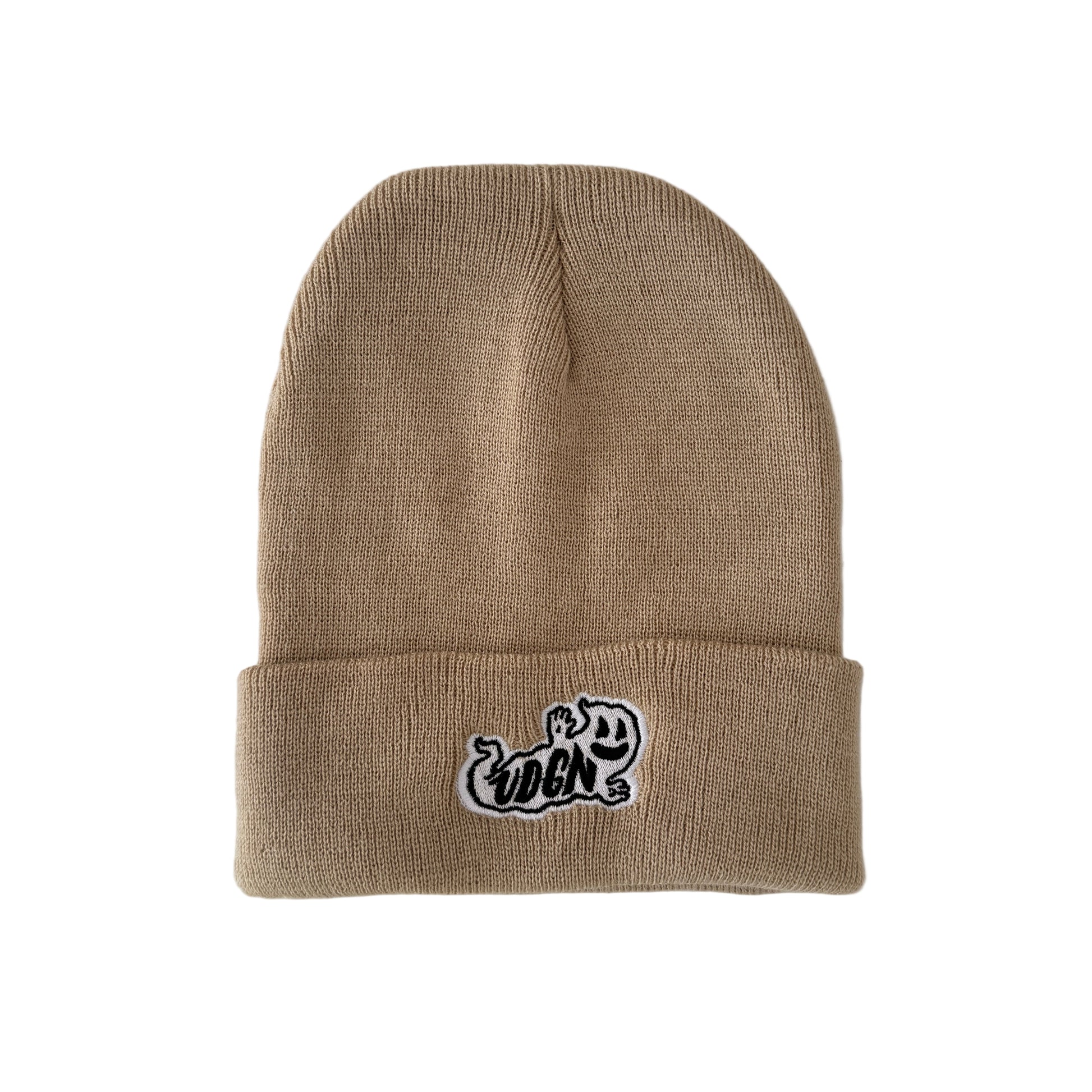 Brown beanie with a ghost logo on a white background