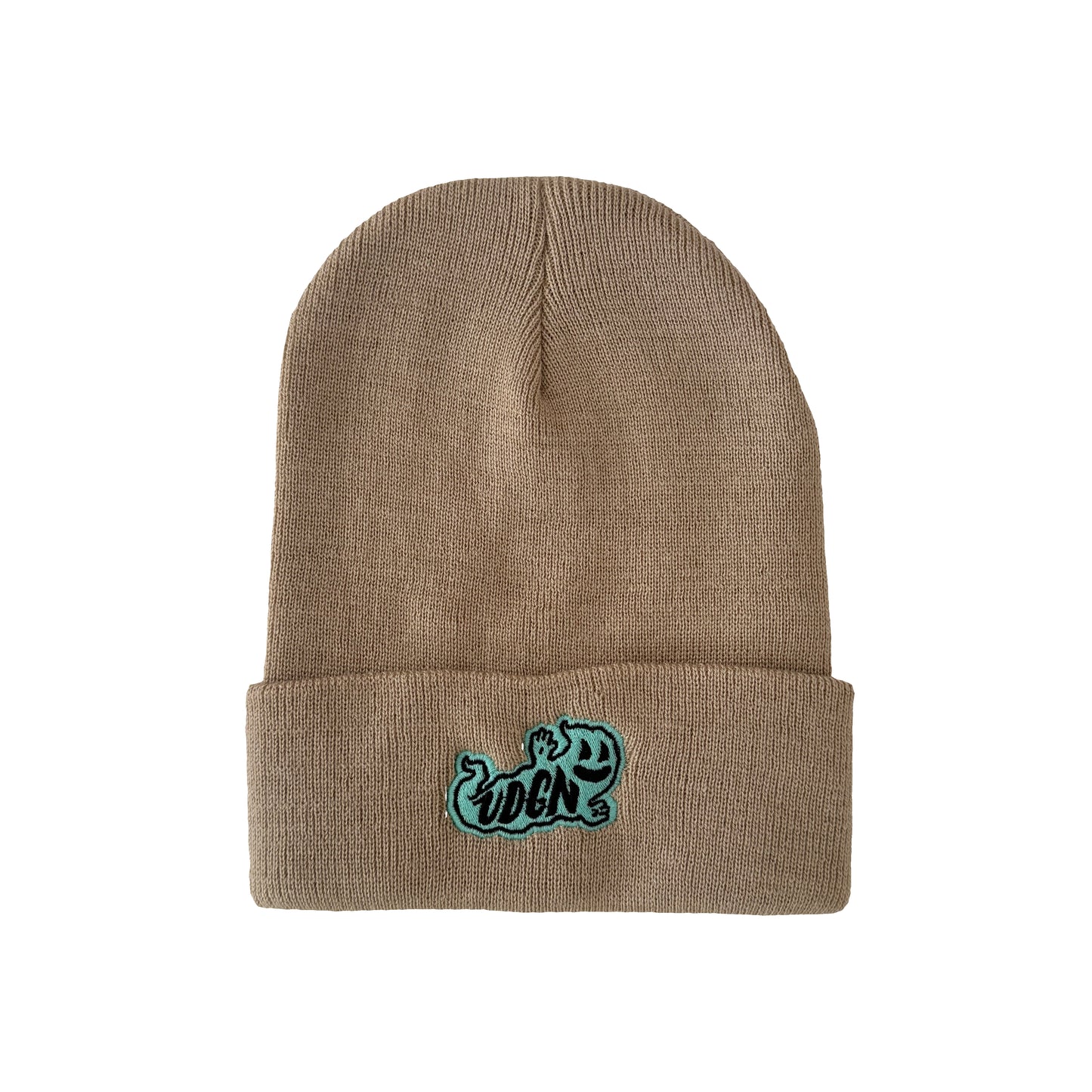 Brown knit beanie with green ghost logo on a white background