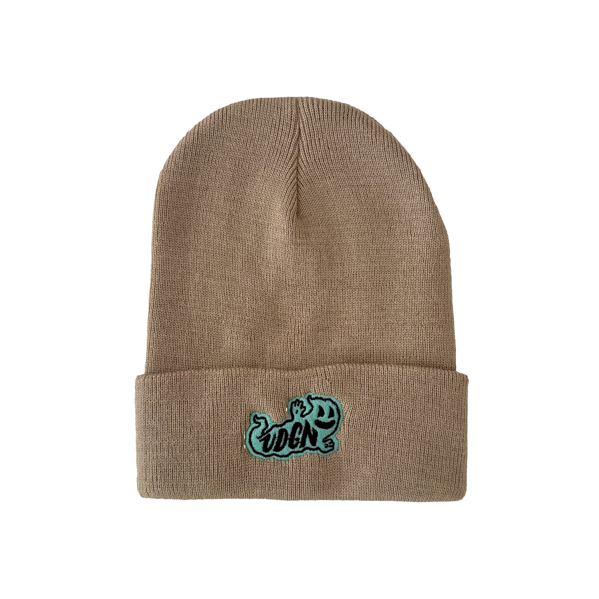 Brown knit beanie with green ghost logo on a white background