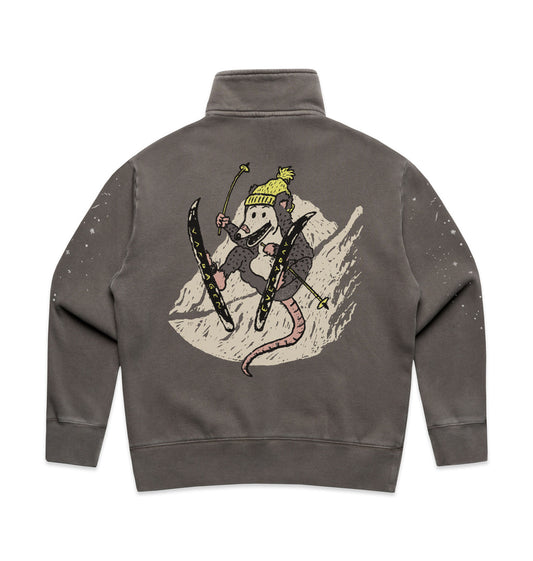 Gray sweatshirt with a graphic of a possum with skis on the back, on a white background